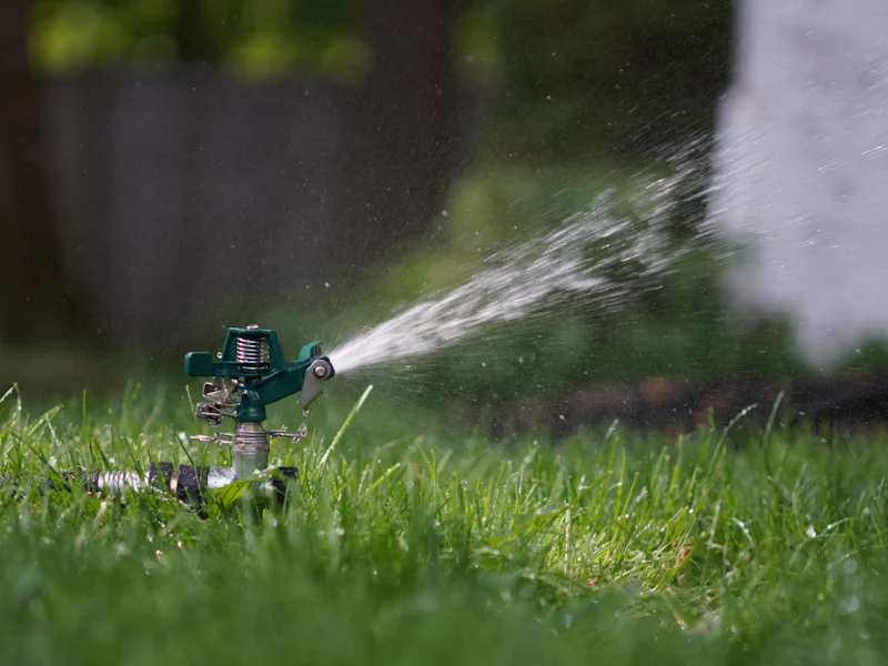 Impact sprinkler watering a green lawn