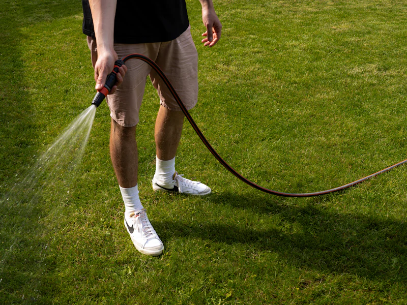 Person watering a lawn with a hose